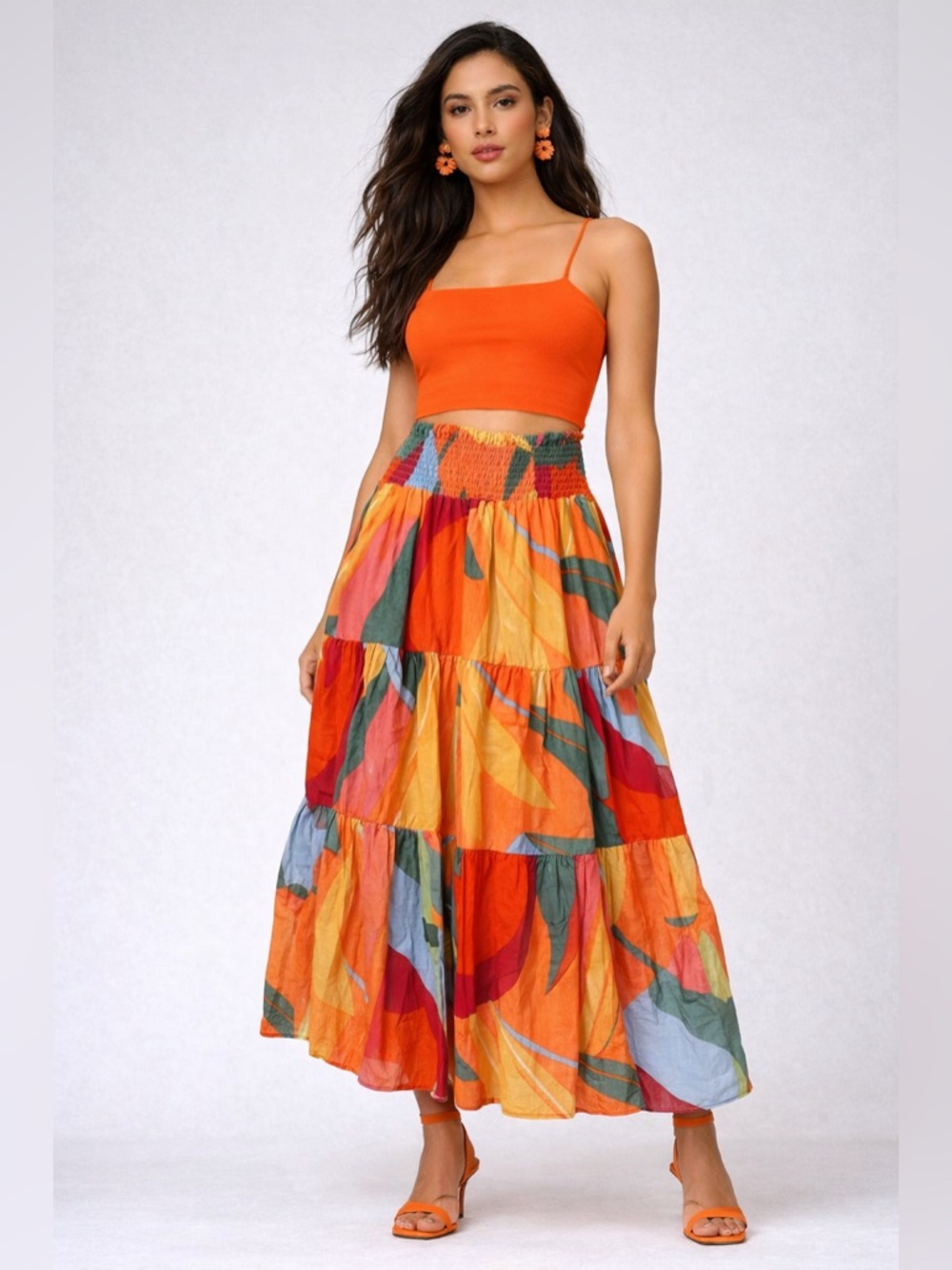 Christian Siriano Smocked Waist Tiered Maxi Skirt Multicolor Boho Size 2 NWT